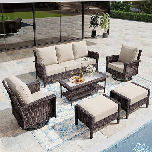 6-Piece Wicker Patio Furniture Set with Swivel Chairs, High Back Outdoor Furniture with 5.5-inch Thick Cushion and Ottoman, All-Weather Wicker Patio Conversation Set for Deck Yard Pool, Beige