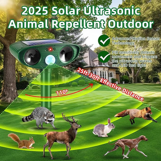 4 Pack 2026 Solar Ultrasonic Animal Repellent Cat Rabbit Deterrent Racoon Deer Repellent Devices with Motion Detection for Squirrel Dog Rodent Waterproof Skunk Repellent for Yard