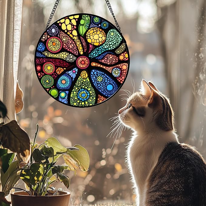 QZQCBLC Stained Glass Window Hanging Colorful Abstract Plants 9.8" - Retro Boho Suncatcher Door Garden Sun Catcher Home Decor Birthday Christmas for Mom Men Woman Nana