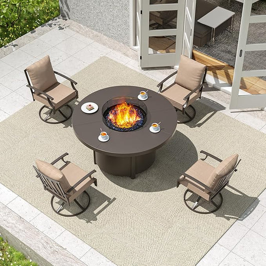 5 Pieces Patio Furniture Set with Round Fire Pit Table, Outdoor Conversation Sets 4 Swivel Chairs with Upgrade Cushions for Patio, Backyard Brown