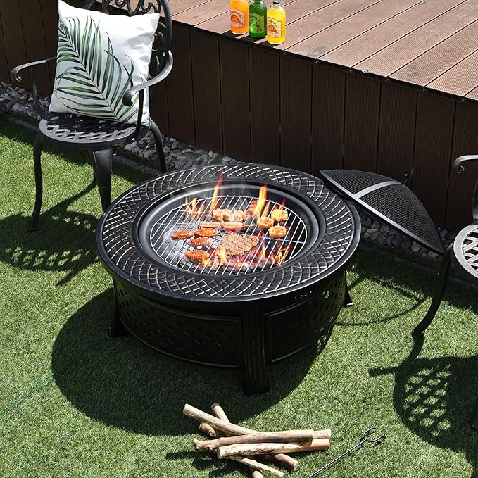 Giantex 3 in 1 Fire Pit, 32" Outdoor Wood Burning Fire Pit, Multifunctional Round Firepit Stove, Metal Fire Bowl with Cover, Portable Fire Pits for Outside Heating, Bonfire, Picnic, Grill