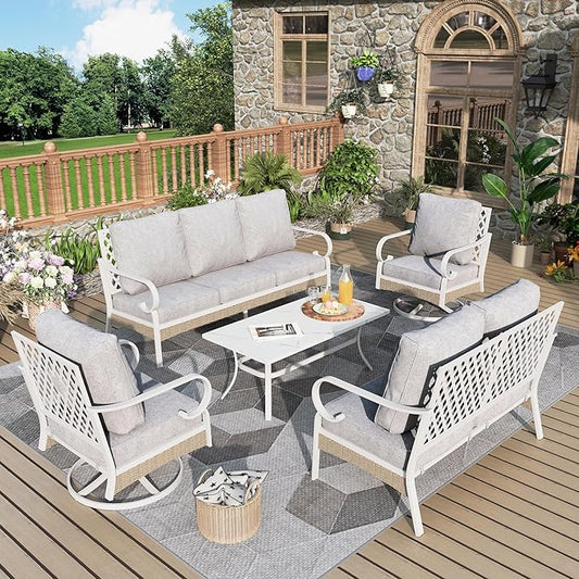 5 Piece Patio Furniture Set, 2 x Swivel Chair, 1 x 2-Seat Sofa, 1 x 3-Seat Sofa with Marbling Coffee Table, 7 Seats Outdoor Conversation Set for Lawn Garden Backyard, Light Gray