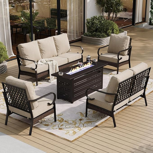 5 Piece Black Metal Outdoor Patio Furniture Sets with Firepit Table, Patio Conversation Sets 1 3-seater Sofa, 1 2-seater Sofa, 2 Single Sofa with 5.75" Cushion for Backyard Deck, Beige