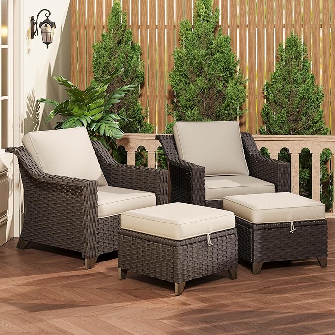 4 Pieces Patio Conversation Furniture Set - 2 Chairs with Ottomans Set of 2, Outdoor Wicker Armchairs with Water-Resistant and Washable Cushions for Porch, Balcony, Sunroom (Beige)