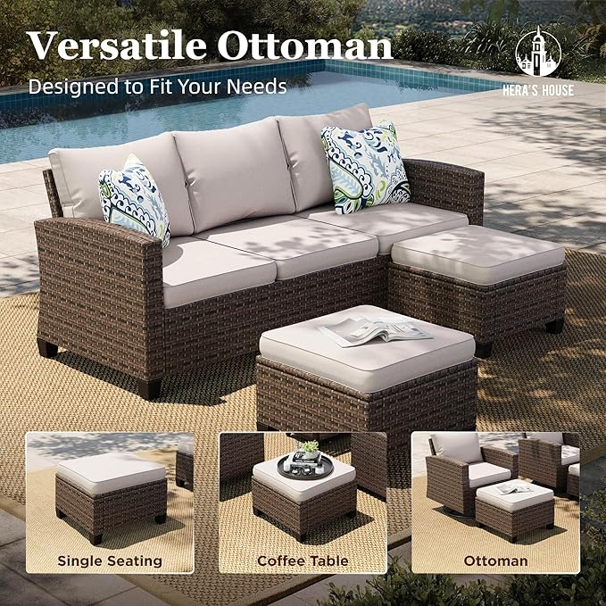HERA'S HOUSE Patio Furniture Set with 56" Fire Pit Table, Outdoor Patio Conversation Sets, 6 Pieces 7 Seats Wicker Outside Sectional Sofa Set for Lawn Backyard Deck