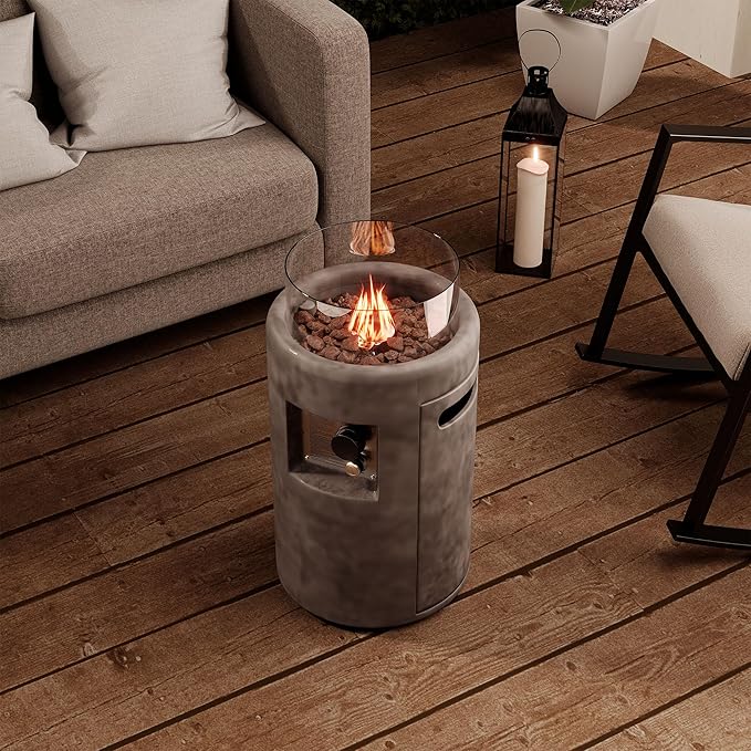 SUNBURY Outdoor Gas Fire Column, 40,000 BTU Propane Fire Pit for Patio Party & Gathering, Compact Flame Heater with Lava Rocks, Waterproof Cover for Yard & Deck Ambiance (Grey)