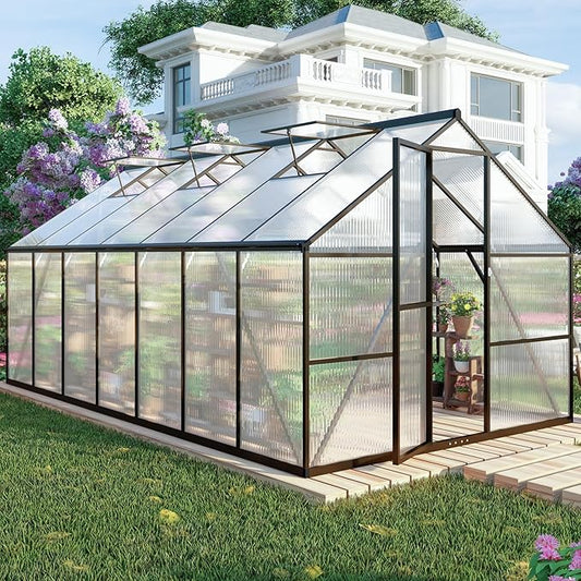 8 x 14 FT Aluminum Large Walk-in Greenhouse for Outdoors, Gray Polycarbonate Garden