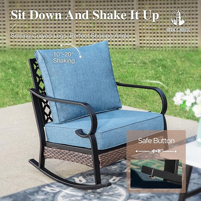 HERA'S HOUSE 6 Piece Metal Patio Furniture Set with 56" Fire Pit Table, All Weather Outdoor Conversation Set 7 Seats, 3 Seat Sofa, 2 Rocking Chairs, 2 Fixed Chairs for Backyard Garden Deck, Navy Blue