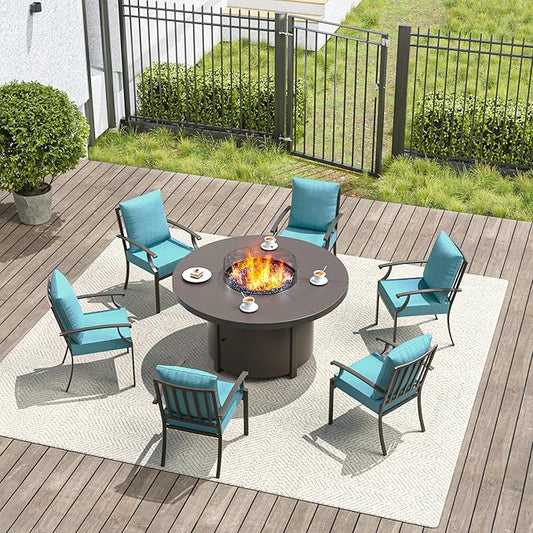 7 Pieces Patio Furniture Set with Round Fire Pit Table, Outdoor Conversation Sets 6 Chairs with Upgrade Cushions for Patio, Backyard Blue