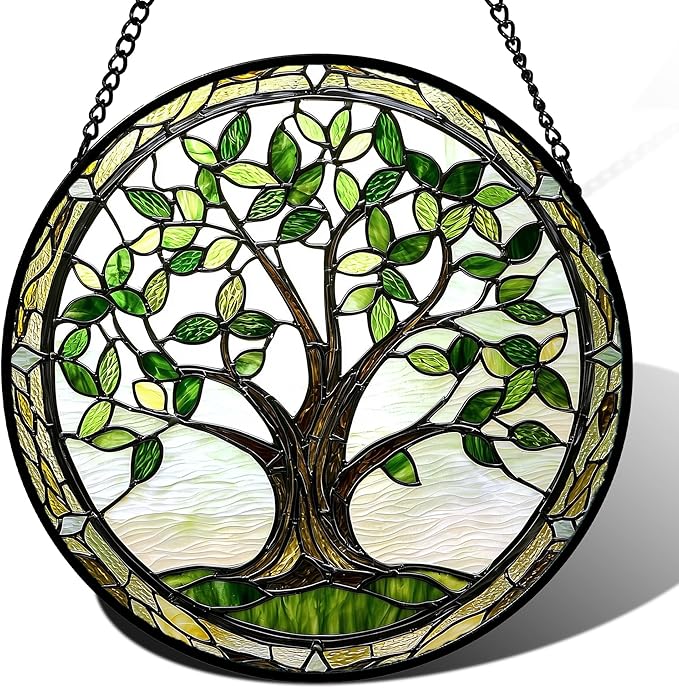 AMDERVEN Stained Glass Window Hanging - Brown Tree Trunk Green Leaves Sun Catcher for Door Garden Home Decor Plant Suncatcher Christmas Mother's Day Birthday Gifts for Women Men Mom Nana 15 in