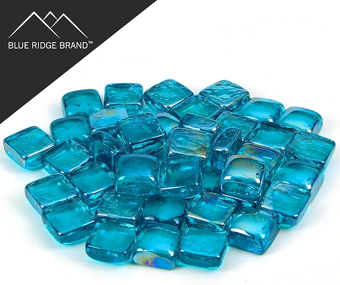 Reflective Fire Pit Glass Cubes - Professional Grade Fire Glass for Fire Pit - 1" Firepit Glass Rock - Glass Stones - Gas & Propane Fire Pit & Fireplace Glass (10 Pound, Aqua)