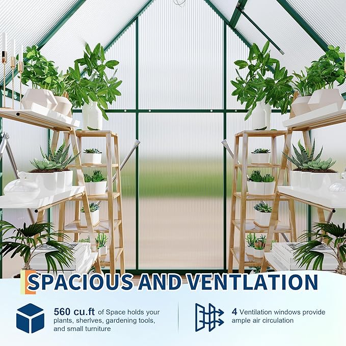Polycarbonate Greenhouse for Outdoors, Large Walk-InGreenhouse with Quick Setup Structure and Roof Vent, Greenhouse with Ventilation