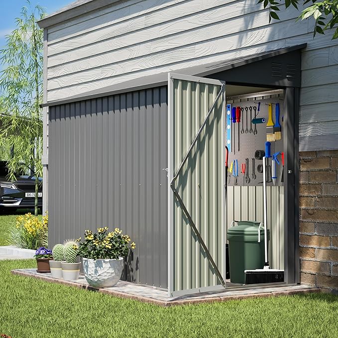 4x8 FT Lean to Metal Shed,Outdoor Storage Shed W/Floor Frame & Reversible Installation,All Weather Waterproof Garden Tool House W/Lockable Door & 2 Air Vents,for Backyard,Patio,Lawn,Gray