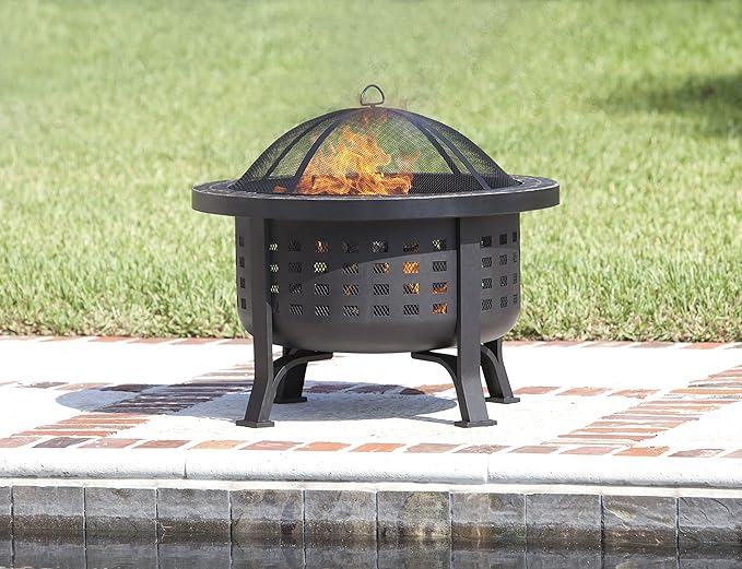 Fire Sense 62240 Fire Pit Alpina Slate Top Wood Burning Lightweight Portable Outdoor Firepit Backyard Fireplace for Camping Bonfire Included Screen Lift Tool & Cooking Grate - Round - 24"