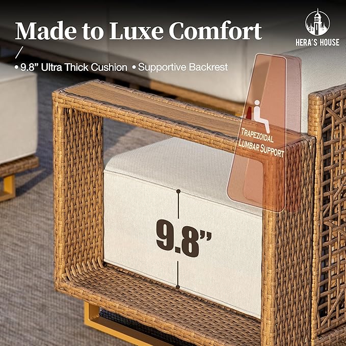 HERA'S HOUSE 6 Pieces Patio Furniture Set, Sectional Outdoor Rattan Wicker Sofa, All Weather Patio Conversation Set with 5.3" Widened Armrest, 10" Ultra Thick Comfy Sponge Cushion, Patio Couch