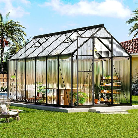 AMERLIFE 6x12 Ft Polycarbonate Greenhouse for Outdoors, Walk-in Design with Aluminum Frame, 2 Windows and Swing Door, Heavy-Duty Greenhouse Construction for Garden, Black