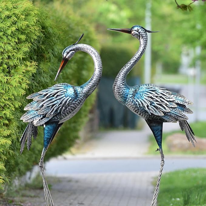 Oritty Outdoor Crane Garden Statues, Blue Heron Garden Statues, Large Metal Cranes for Yard, Lawn, Patio, Pond