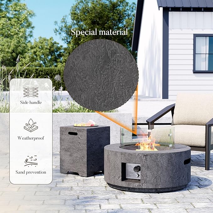 Cosiest Propane Fire Pit with Wind Guard&Tank Cover for Outside, 28 in Round Gas Fire Pits for Outdoor Patio, Certified, 50000 BTU Concrete Rectangle Base with Rain Cover, Free Lava Rocks