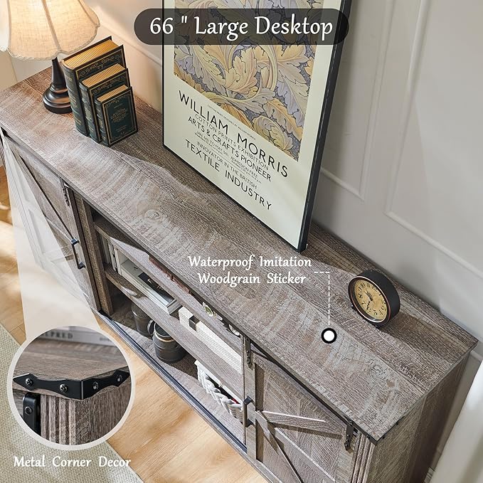 LINGMU Farmhouse TV Stand for 75 80 Inch TV, 32" Tall Entertainment Center w/4 Drawers & Sliding Barn Door, Rustic Media Console w/Storage Shelves, 66" Wood Television Stand for Living Room, Grey
