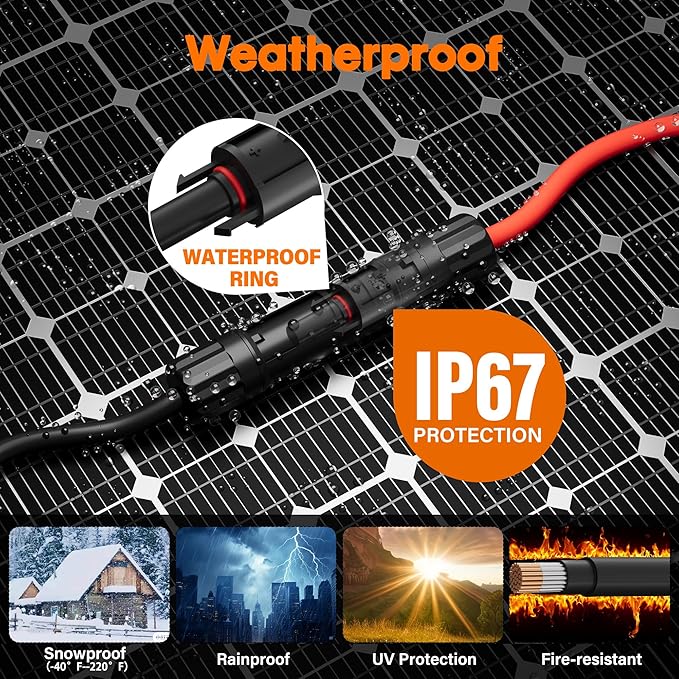 12AWG Solar Extension Cable 20 Ft, Solar Pannel Cable Tinned Copper Wire, with Extra Female and Male Waterproof Connector Pair, Ties, for Home, RV, Photovoltaic Systems (20FT Red+20FT Black)