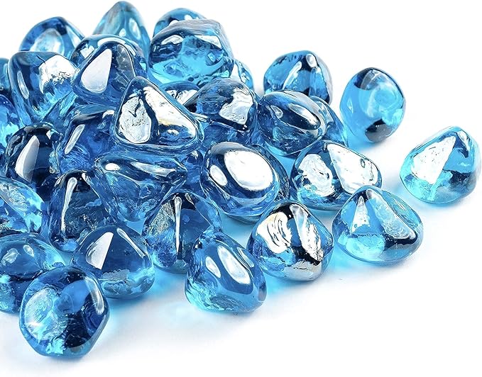 Fire Glass Diamond 1 Inch Fire Pit Glass Rocks for Propane or Gas Fire Pit(20 Pounds Margarita Azura Blue) Gift Package