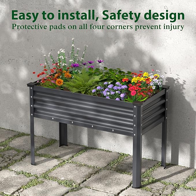 Galvanized Raised Garden Bed with Legs, 48" W x 24" D x 32" H Large Metal Elevated Raised Planter Box with Drainage Gaps for Backyard, Patio, Balcony, 507lbs Capacity, Grey