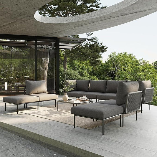 9 Piece Modern Outdoor Rope Wicker Sectional Patio L-Shaped Conversation Sofa Set Deep Seating with Thick Cushions