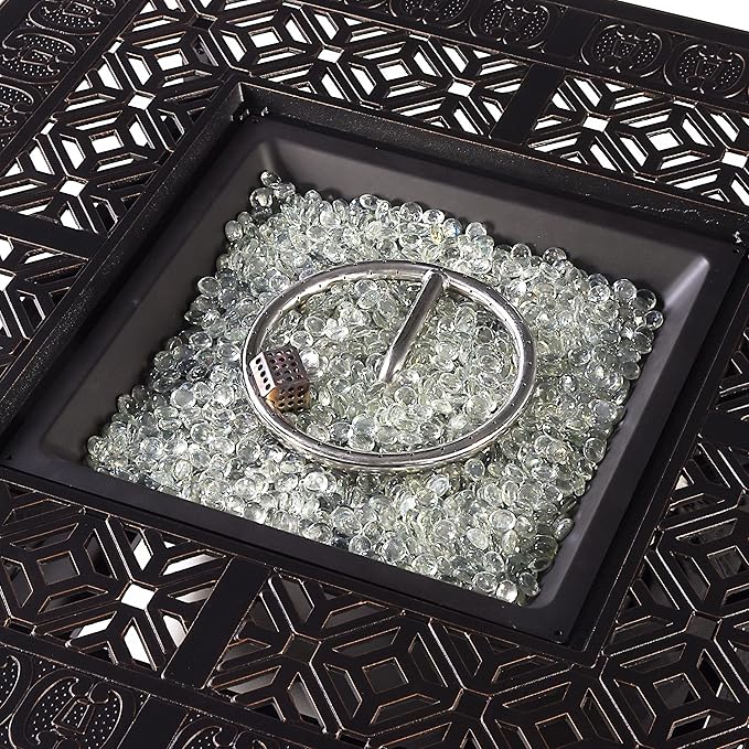 Aluminum 57,0000 BTU 42 in. Square Propane Black Fire Pit Table with Fire Beads, Lid, Propane Tank Cover and Table Fabric Covers in Copper Finish