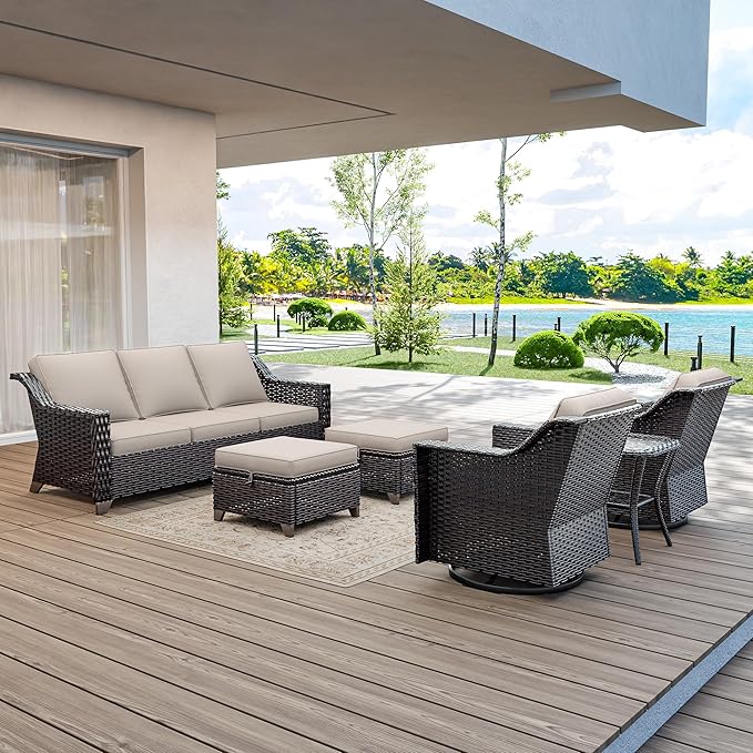 6 Pieces Wicker Patio Furniture, Luxury Outdoor Furniture with 2 Patio Swivel Chair, 3-Seater Sofa, 2 Patio Ottoman and 1 Side Table, Wide Armrest, Thickened Cushions