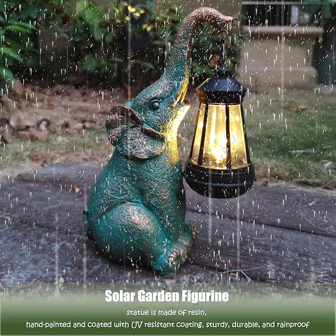 RCTTICUU Elephant Garden Statue Outdoor Décor with Solar Lights Lantern,Elephant Solar Light Figurines Outside Decorations for Yard，Lawn Patio, Balcony, Unique Housewarming Gifts
