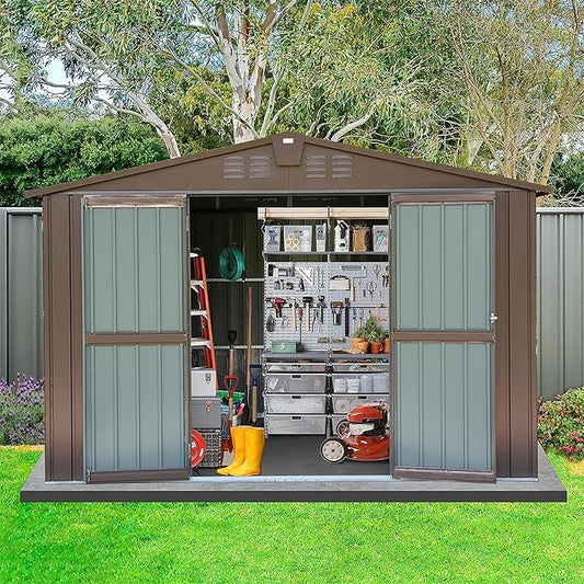 10x8ft Outdoor Storage Shed, Galvanized Steel Garden Shed with Gable Roof, Lockable Double Doors and 32 Vents, Large Bike and Tool Storage for Backyard Lawn