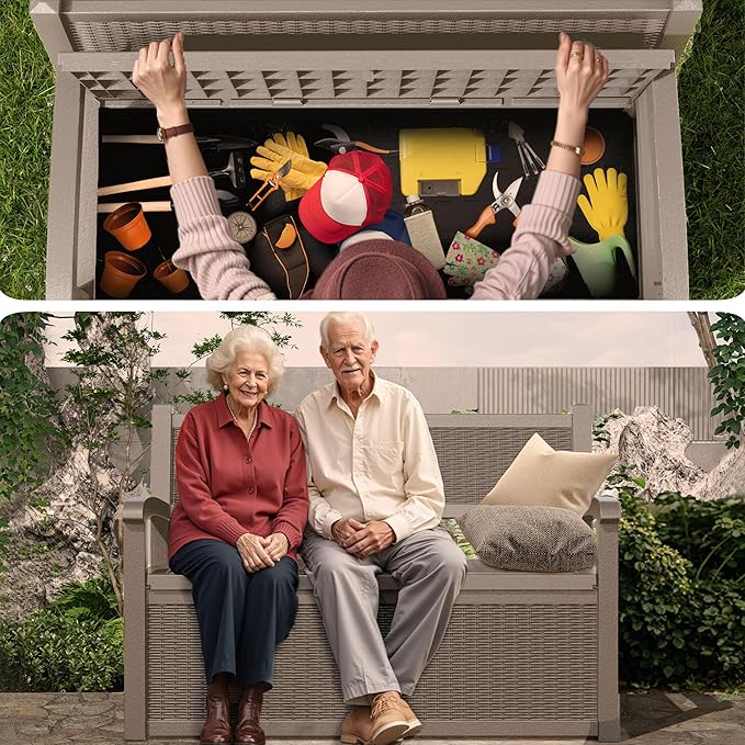 EasyUp 80 Gallon Outdoor Storage Bench, Waterproof and Lockable Deck Box Outdoor Storage Furniture for Patio,Garden,and Porch – Perfect for Storing Garden Tools and Cushions(Gray)
