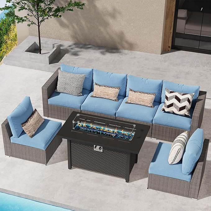 Wisteria Lane Patio Furniture Set for, 7 Pieces Wicker Outdoor Furniture Set with Washable Cushions & Fire Pit Table, Oversized Outdoor Sectional for Garden, Poolside, Backyard, Blue