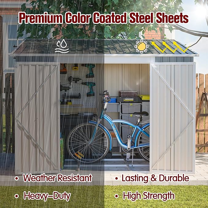 8x6FT Lean to Shed with Floor Frame, Metal Outdoor Storage Shed with Two Separate Doors for Garden Backyard Patio, Large Tool Shed for Bicycle&Lawn Mower Storage