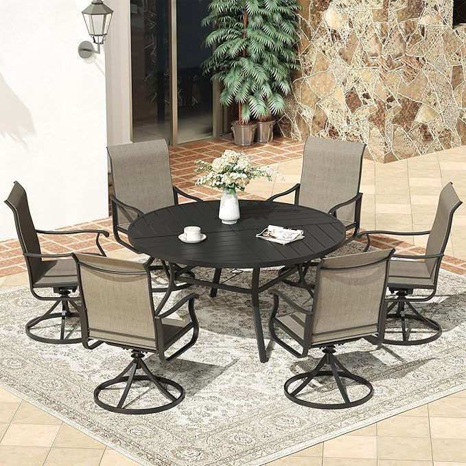 VICLLAX Round Patio Dining Table, 6 Person Metal Outdoor Dining Table with Umbrella Hole and Storage Shelf for Garden Lawn Deck, 50" Black