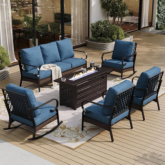 6 Piece Black Metal Outdoor Patio Furniture Sets with Firepit Table, Patio Conversation Sets 1 3-Seater Sofa, 2 Leg Sofa and 2 Rocking Sofa with 5.75" Cushion for Backyard Deck, Blue-2