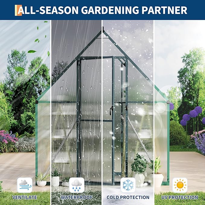 Polycarbonate Greenhouse for Outdoors, Large Walk-InGreenhouse with Quick Setup Structure and Roof Vent, Greenhouse with Ventilation