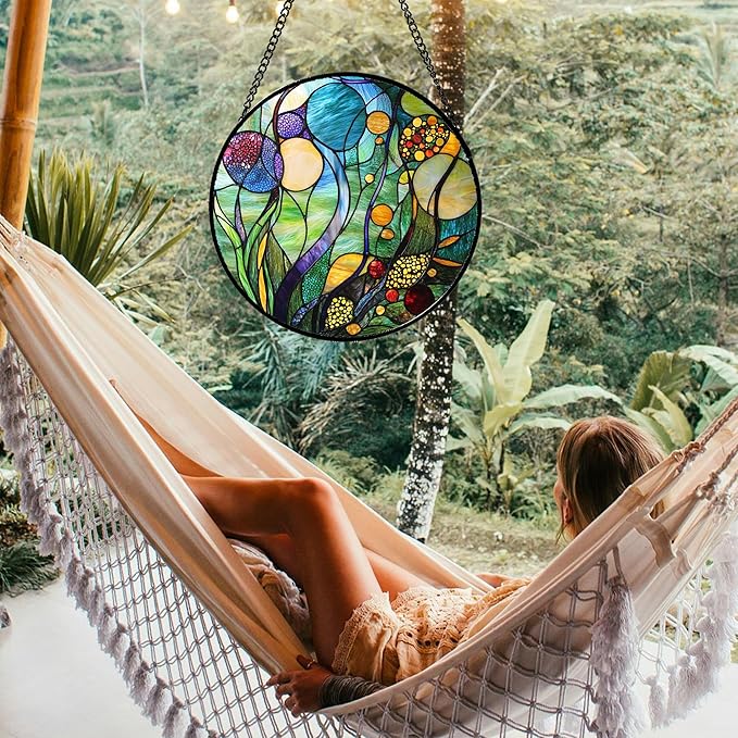 QZQCBLC Stained Glass Window Hanging Blue Ocean Water Plants Flower Large 15" - Suncatcher Door Garden Sun Catcher Home Decor Birthday Christmas for Mom Men Woman Nana Friend