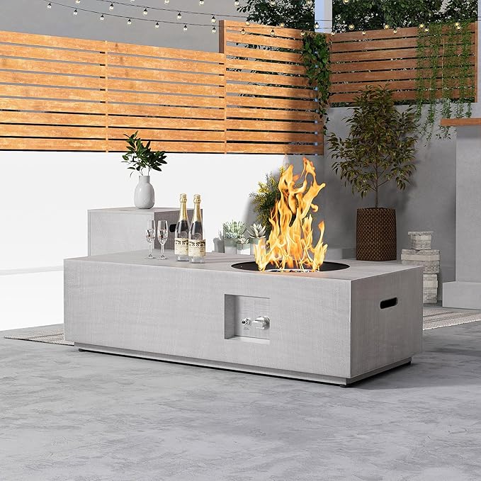 48" Rectangular Propane Gas Fire Pit Table with Round Burner – 50,000 BTU Fire Pit Table with Lid, Rocks, Cover and Tank Storage – Outdoor Table with Fire Pit (Light Grey, 48" Standard)