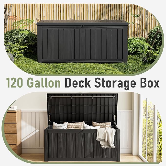 Outdoor Storage Box, Resin Deck Boxes Indoor and outdoor, Waterproof Storage Box Lockable Lid (Black, 150 Gallon)