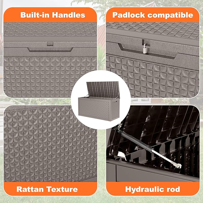 EasyUp 120 Gallon Outdoor Storage Box Waterproof, UV Resistant Resin Deck Box with Hydraulic Rod, Reinforced Stability for Patio, Garden, Quad Leaf Grey