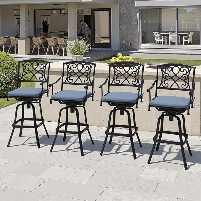Crestlive Products Outdoor Bar Stools with Sunbrella Cushion Set of 4, 360° Swivel Patio Bar Height Chairs, All Weather Commercial Grade Furniture, Antique Brown Finish for Outside (Denim Blue)