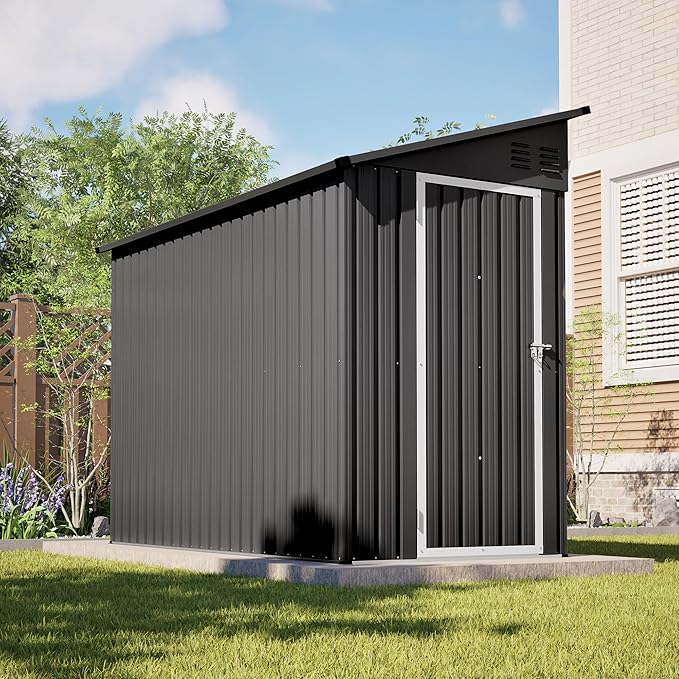 4×8 FT Lean to Metal Shed,Outdoor Heavy-Duty Storage Shed with Floor Base,All Weather Waterproof Garden Tool House W/Lockable Door&2 Air Vent,Reversible Door Design,for Backyard,Patio,Lawn,Black