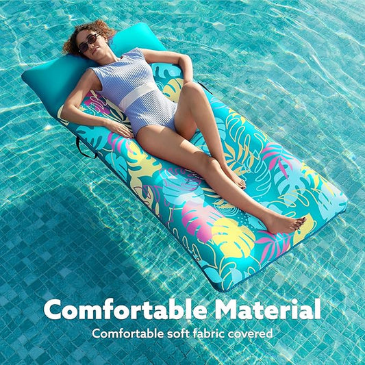 SLOOSH Inflatable Pool Floats Raft - XL Fabric Covered Pool Mat Lounger Floaties for Adults, Ultra Comfort Inflatable Water Float with Headrest for Beach Lake Swimming Pool Floating 68"X34" (Teal)