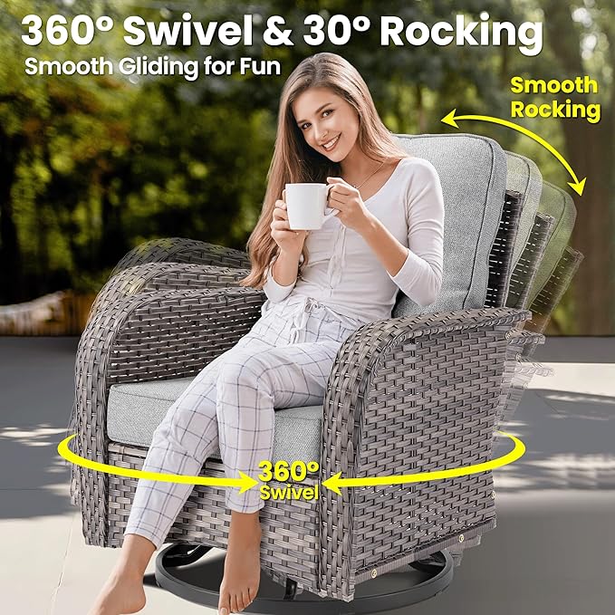 ovios 5 Pieces Patio Furniture Set, Outdoor Wicker Sofa Couch with Rocking Swivel Chairs Solar Lights Table, Modern Deep Seat Rattan Conversation Sets for Porch Deck, Dark Grey