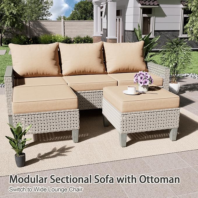Outdoor Patio Furniture Set 7-Piece Modular Wicker Sectional Sofa with Ottomans and Thick Cushions, Modern Rattan Outdoor Conversation Couch for Garden Backyard, Khaki