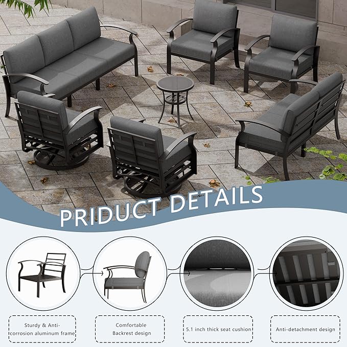 Aluminum Patio Furniture Set, 9 Seats Outdoor Patio Conversation Set with Swivel Chair Modern Metal Patio Sectional Sofa with Upgrade Cushions for Patio, Backyard Grey