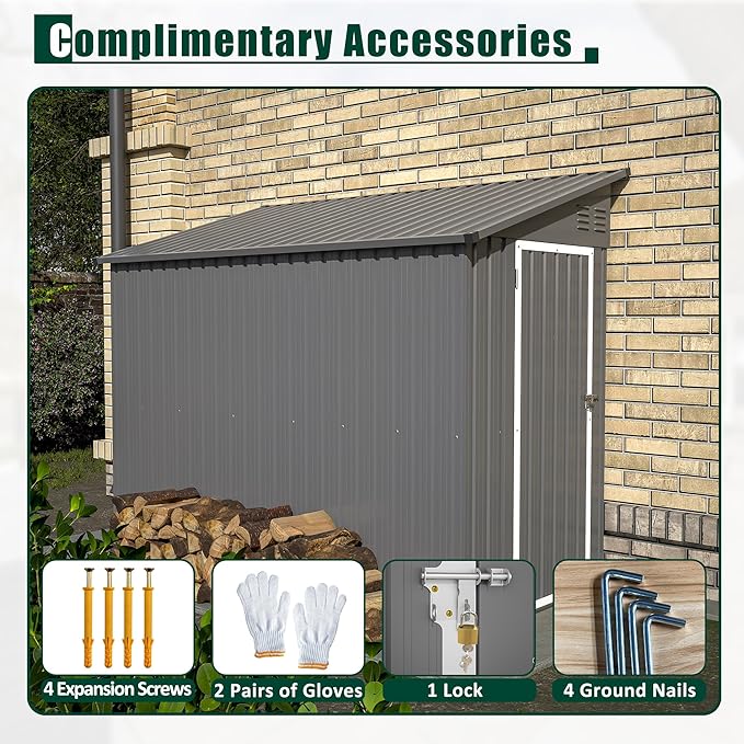 8x4 FT Outdoor Storage Shed, Metal Shed with Lockable Door, Sloping Roof, All-Weather Lean to Resin Shed for Garden, Backyard, Patio, Lawn (Gray)