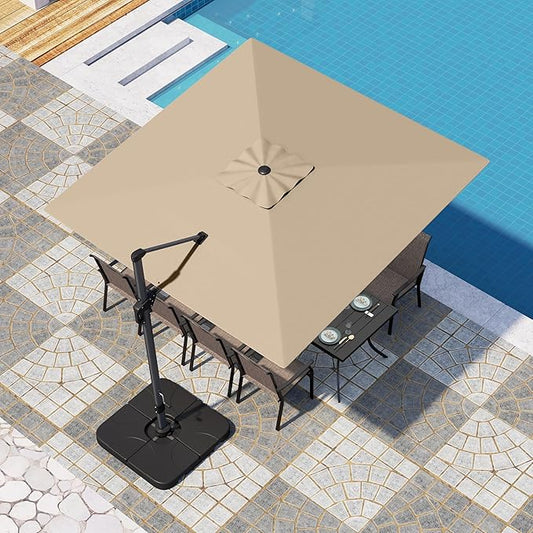 PHI VILLA 10ft Patio Umbrella with Base. 360° Rotation & 7-Level Tilt Outdoor Cantilever Umbrella with Easy Crank Handle. Square Offset Umbrella Heavy Duty for Garden Poolside Backyard (Beige)