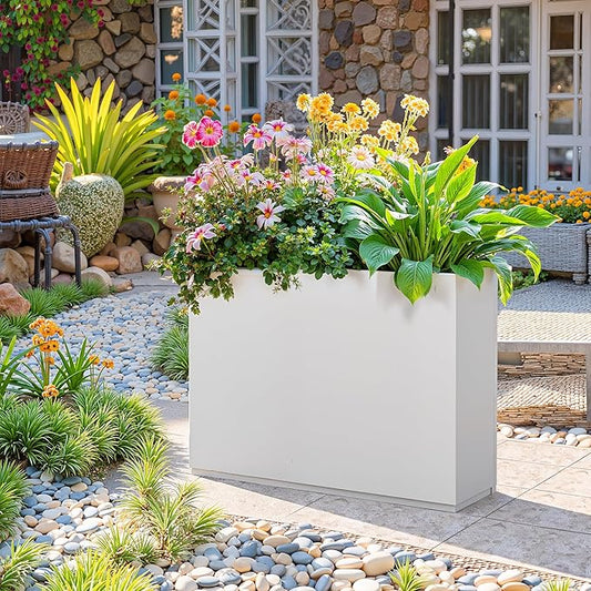 Rectangle Planter for Indoor & Outdoor, Tall and Long Planter Boxes with Drainage Holes, Mental Divider Planter Box All-Weather Use for Plants, Flowers, 35" L x 9" W x 26" H, White